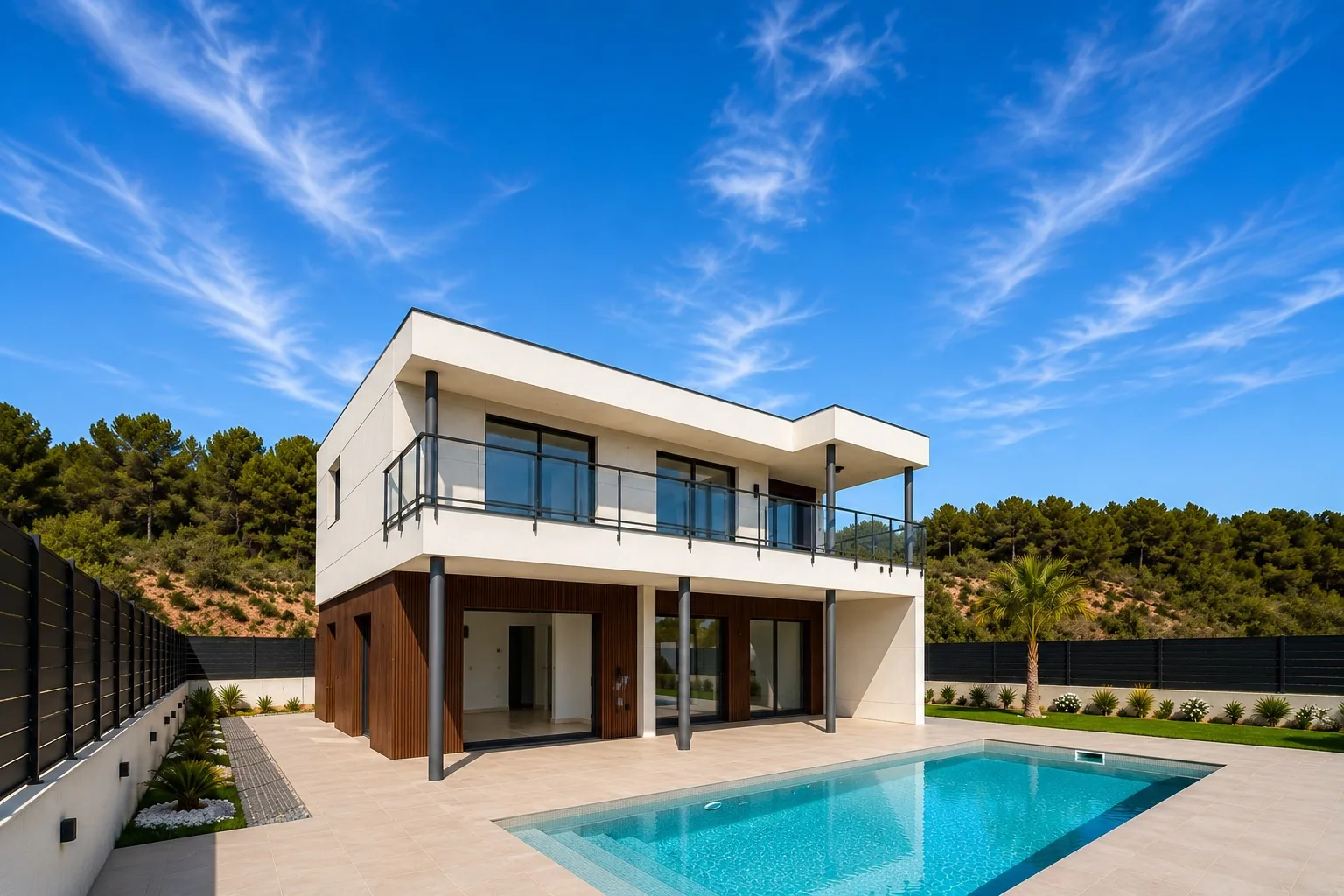 Homi Alfinach: villa en porcelánico arena y madera con piscina entre pinos